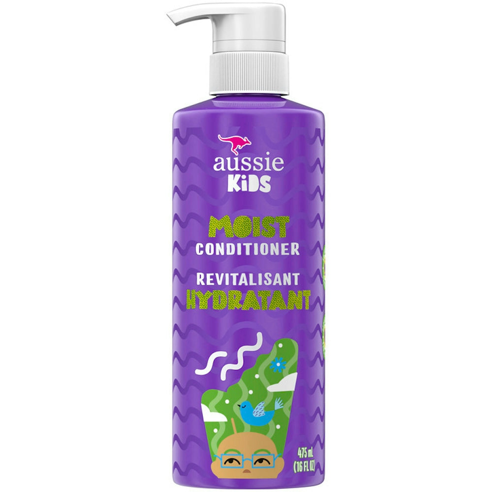 Aussie Kids Moisture Sulfate-Free Conditioner for kids in a 16 fl oz bottle, featuring colorful packaging with a friendly design.
