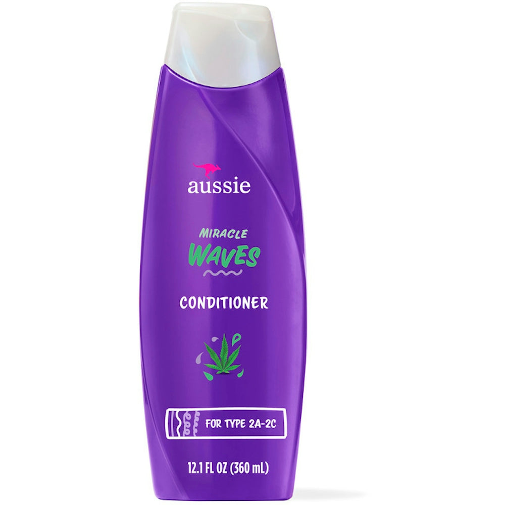 Aussie Miracle Waves Anti-Frizz Hemp Paraben-Free Conditioner bottle, 12.1 fl oz, for smooth, frizz-free waves.
