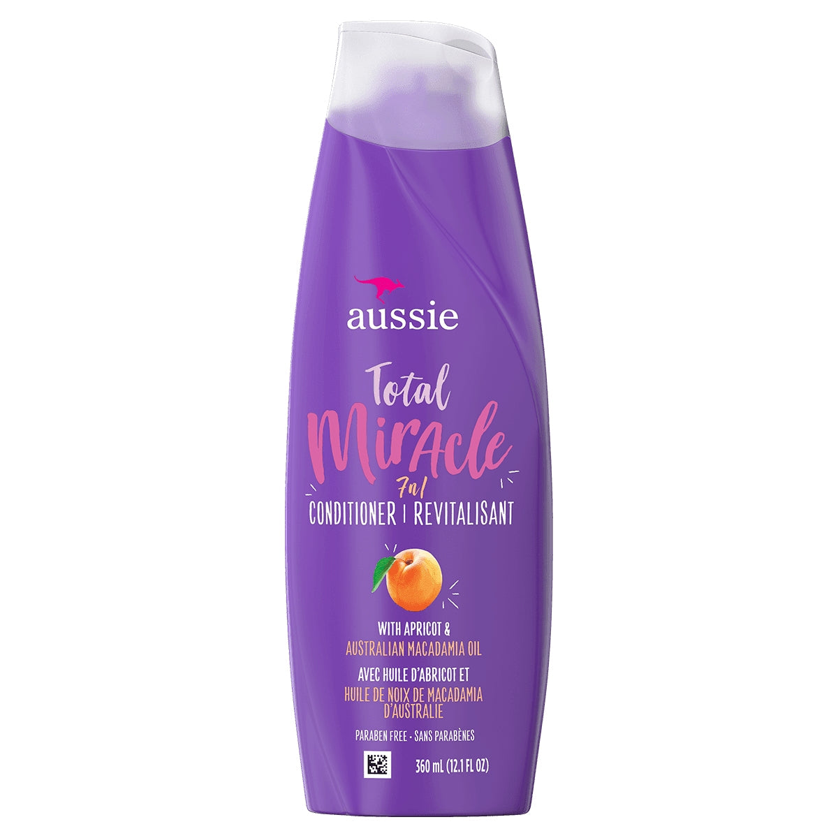 Aussie Total Miracle Conditioner with Apricot and Australian Macadamia Oil, 12.1 fl oz, in a conditioner bottle with product label.