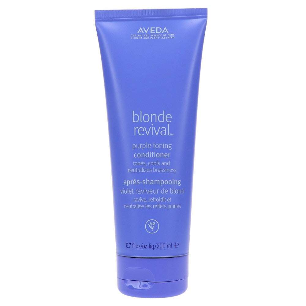 Aveda Blonde Revival Purple Toning Conditioner 200ml bottle, designed to neutralize yellow tones in blonde hair.