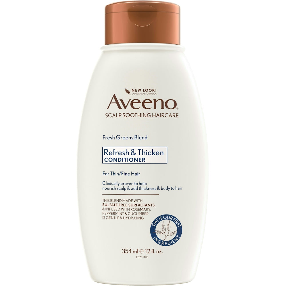 Aveeno Scalp Soothing Fresh Greens Blend Conditioner in a 12 fl oz bottle, designed to refresh and thicken hair.