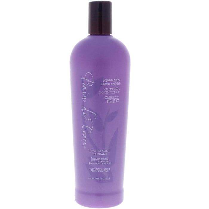 Bain de Terre Jojoba Oil and Exotic Orchid Glossing Conditioner in 13.5 oz bottle, showing the conditioner container with label.