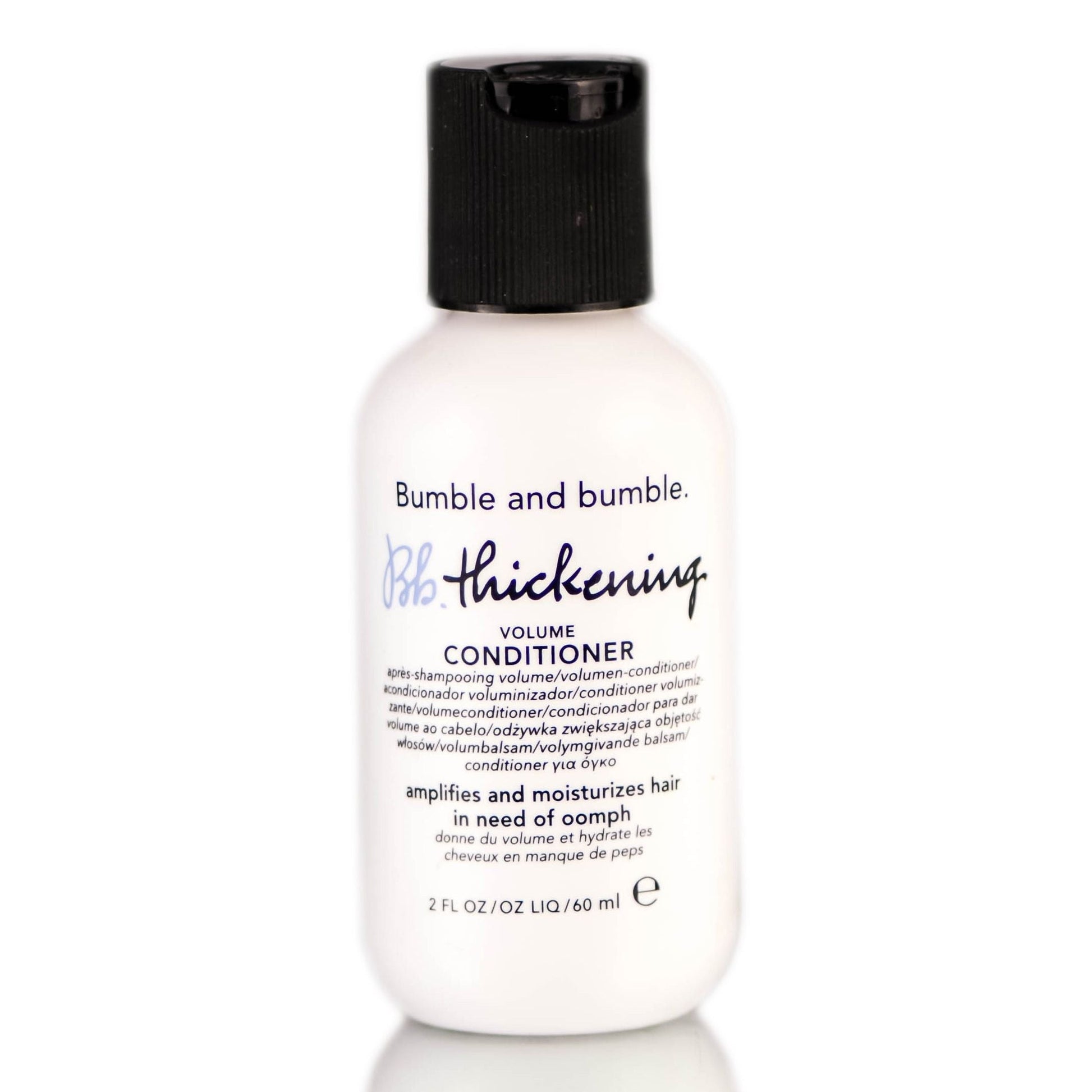 Bumble and Bumble Thickening Volume Conditioner in a white bottle with blue accents, designed to add fullness to hair.