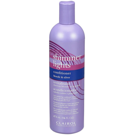 Clairol Shimmer Lights Blonde & Silver Conditioner bottle with silver and purple packaging, designed for blonde and silver hair.