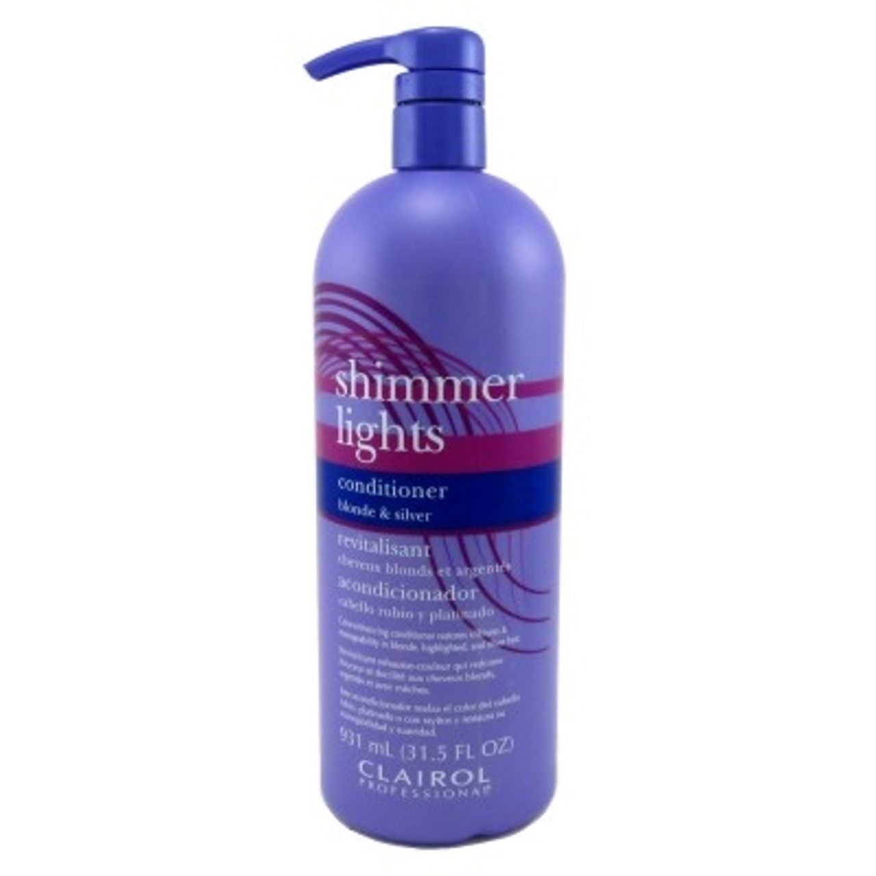 Clairol Shimmer Lights Blonde and Silver Conditioner in a 31.5 oz bottle, designed to enhance blonde and silver hair tones.
