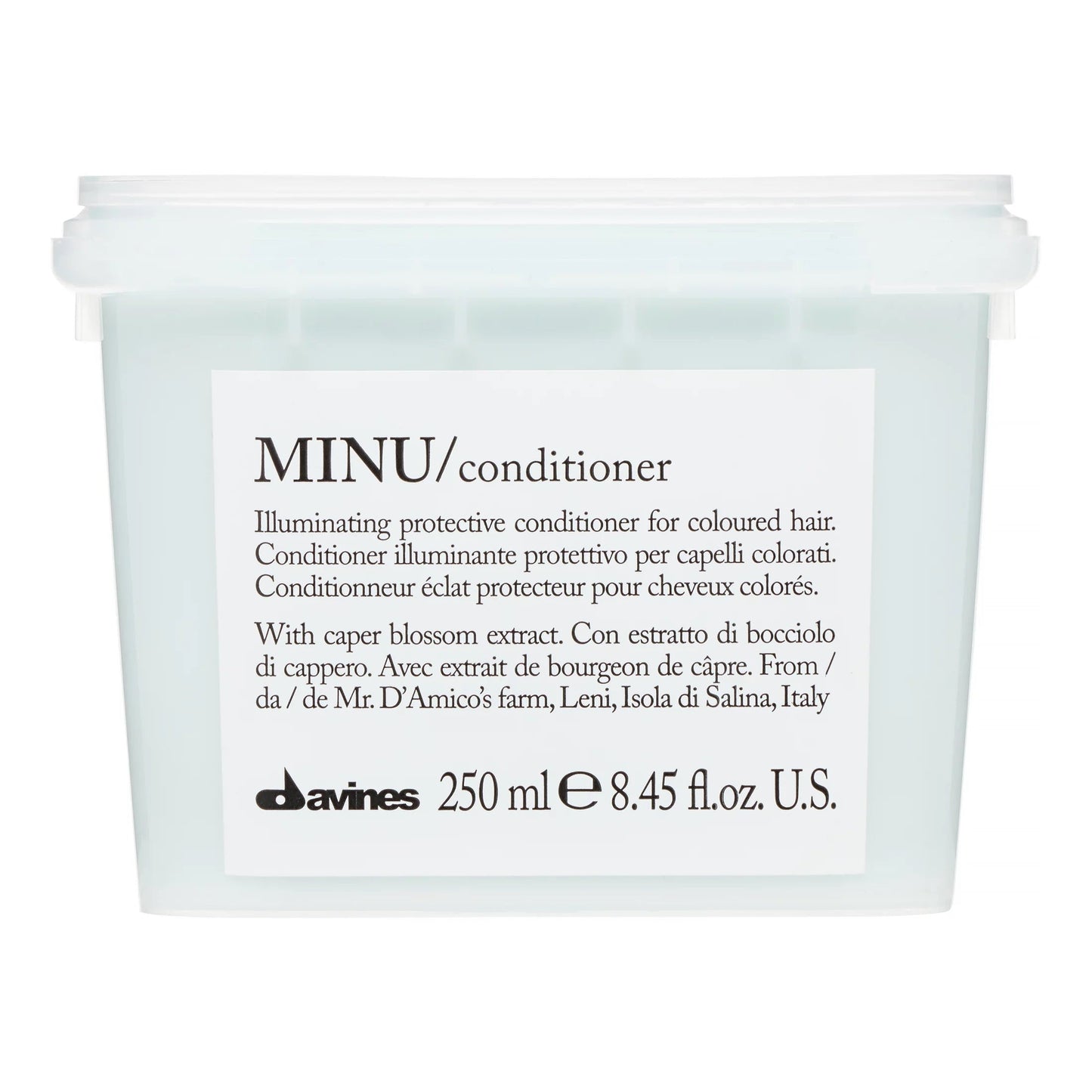 Davines Minu Conditioner 250 ml bottle, creamy hair conditioner for color-treated hair, from Pasteur Pharmacy, with elegant packaging.