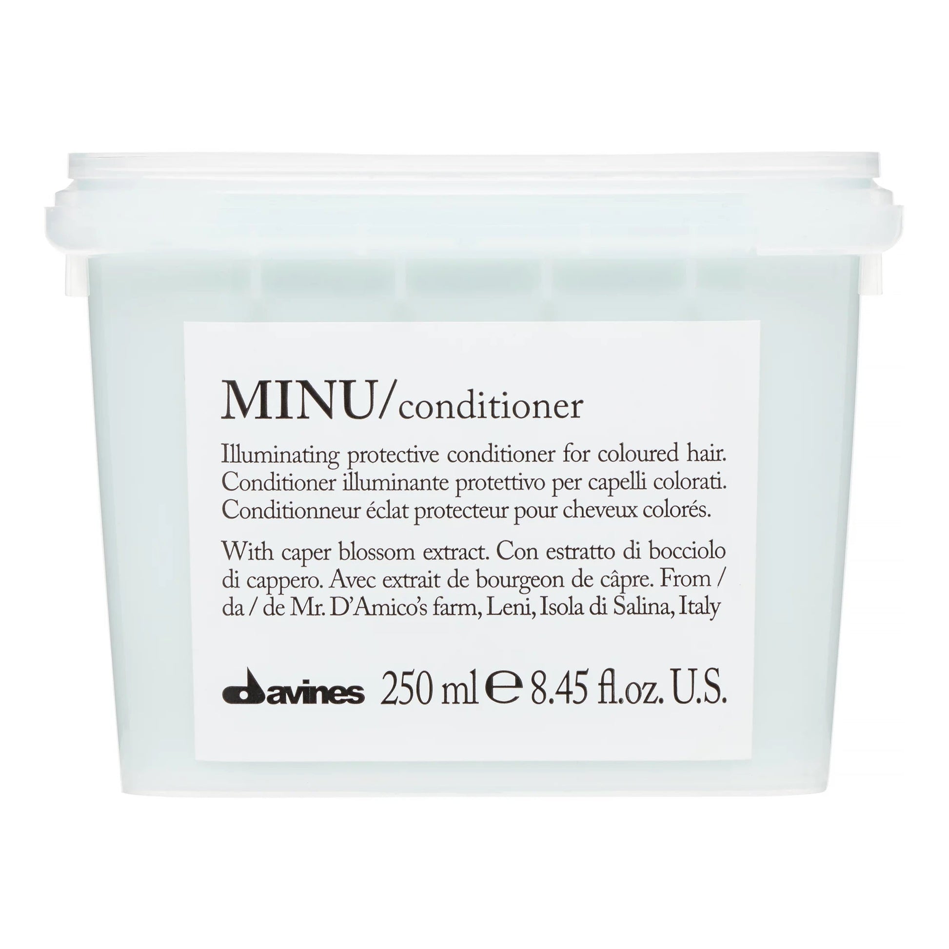 Davines Minu Conditioner 250 ml bottle, creamy hair conditioner for color-treated hair, from Pasteur Pharmacy, with elegant packaging.