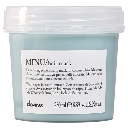 Davines Minu Illuminating Protective Conditioner in 8.89 oz bottle, designed to nourish and protect color-treated hair.