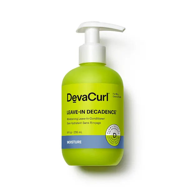 DevaCurl Decadence Leave-In Conditioner 8 Oz in a clear bottle, ideal for nourishing and detangling curly hair.