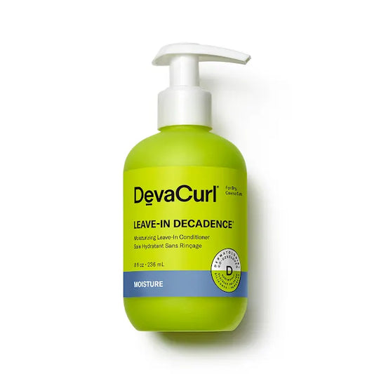 DevaCurl Decadence Leave-In Conditioner 8 Oz in a clear bottle, ideal for nourishing and detangling curly hair.