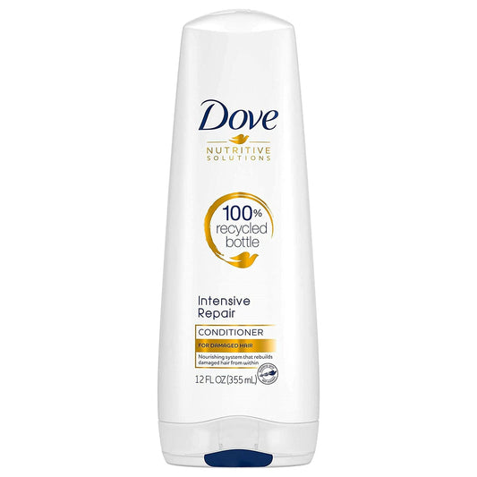 Dove Nutritive Solutions Strengthening Conditioner for intensive repair, 12 fl oz, in a tube with a white and blue label.