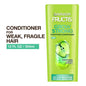 Garnier Fructis Grow Strong Conditioner for stronger, healthier, shinier hair, shown in a bottle with green and white packaging.