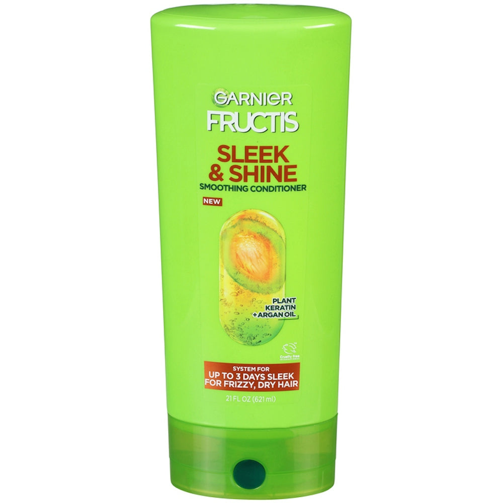 Fructis Garnier Sleek & Shine Conditioner for frizzy, dry, unmanageable hair in a 21 Fl Oz bottle, designed for smooth, shiny hair.