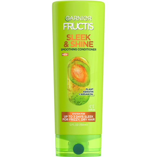 Garnier Fructis Sleek & Shine Conditioner for frizzy, dry, unmanageable hair in 12 fl oz bottle, smooths and controls hair.
