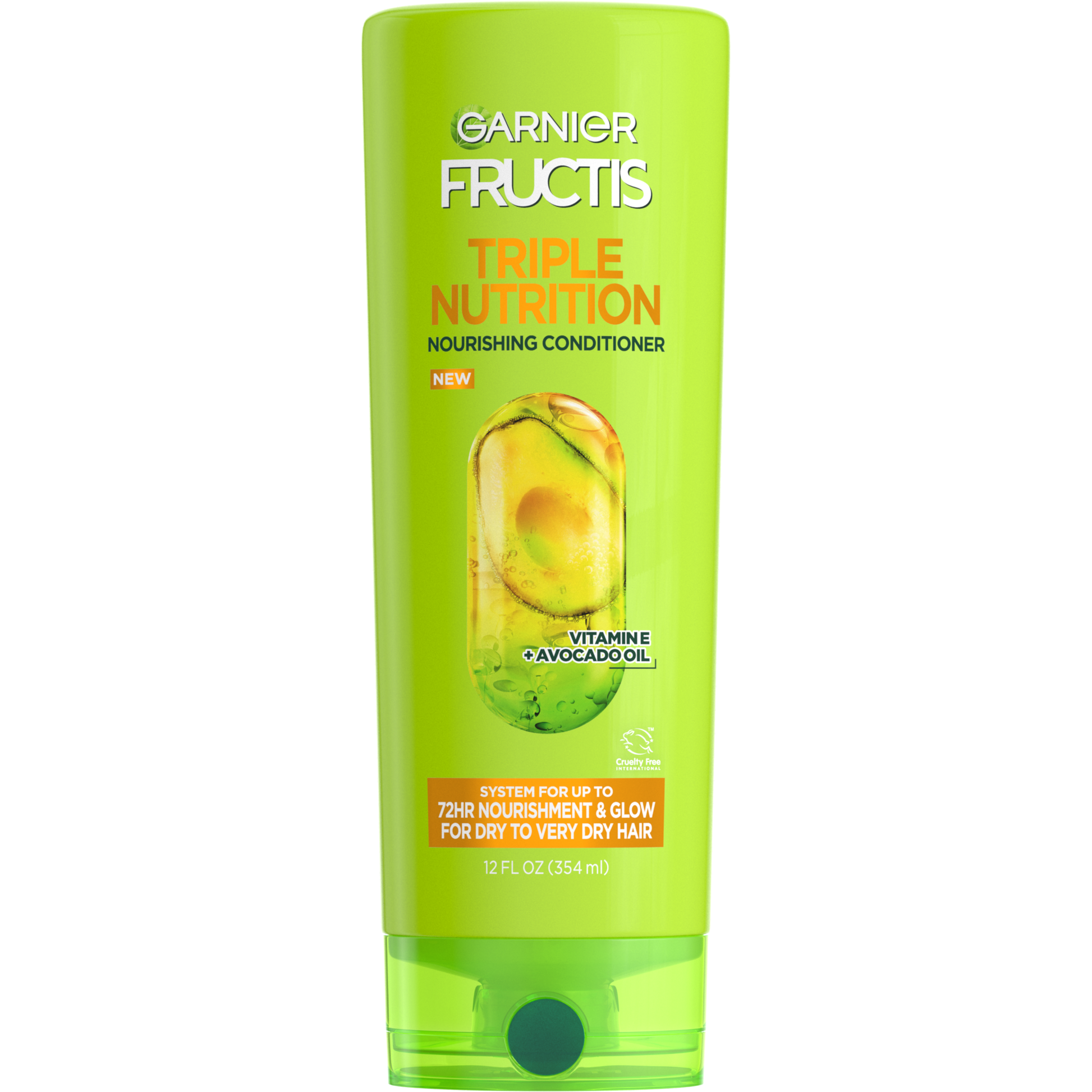 Garnier Fructis Triple Nutrition nourishing conditioner bottle, 12 fl oz, with colorful label and description visible.