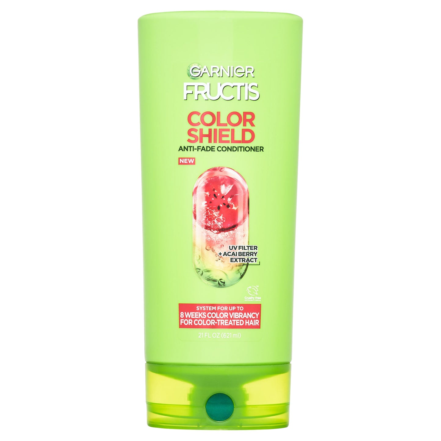 Garnier Fructis Color Shield Fortifying Conditioner for color-treated hair, 21 fl oz, in a bottle with green label and pump dispenser.