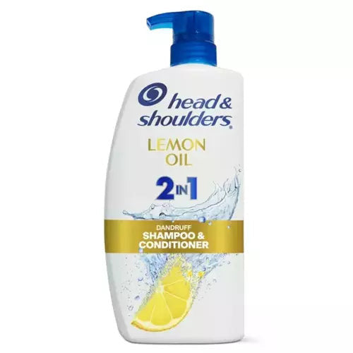 Head & Shoulders 2-in-1 Lemon Essential Oil Dandruff Shampoo Conditioner in 28.2 oz bottle, with lemon scent and clear label.
