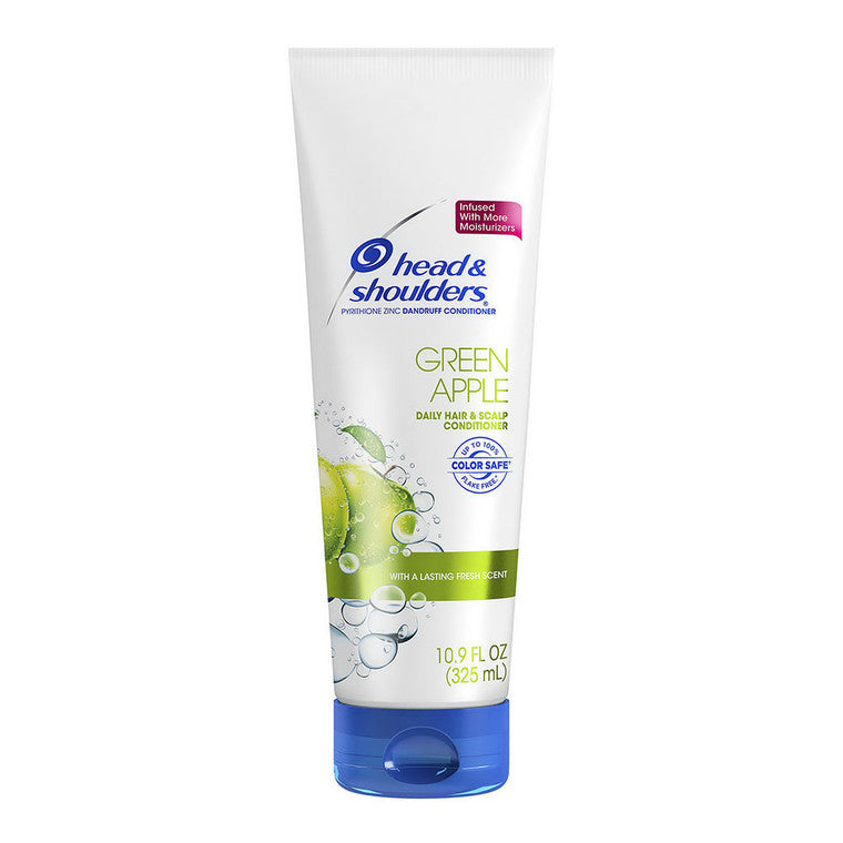 Head & Shoulders Green Apple Daily Anti-Dandruff Conditioner in 10.9 oz bottle, with green apple label and conditioner nozzle visible.