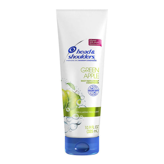 Head & Shoulders Green Apple Daily Anti-Dandruff Conditioner in 10.9 oz bottle, with green apple label and conditioner nozzle visible.