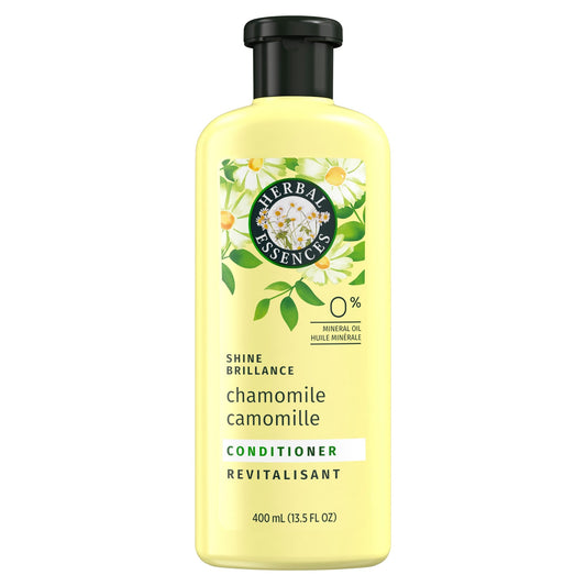 Herbal Essences Shine Brillance Chamomile Conditioner in 13.5 oz bottle, designed to add shine and smoothness to hair.