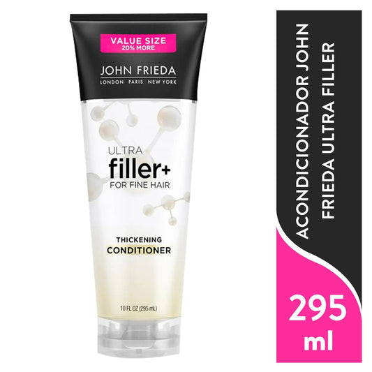 John Frieda Ultra Filler conditioner for fine hair in a white and blue bottle, shown on a bathroom shelf.