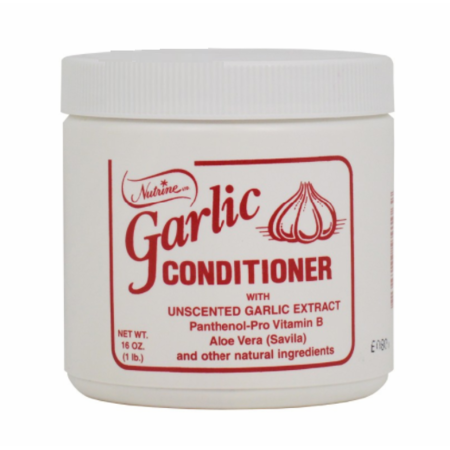 Nutrine Garlic Cream Conditioner jar by Pasteur Pharmacy, 16 oz, creamy hair conditioner in a white jar with label and lid.