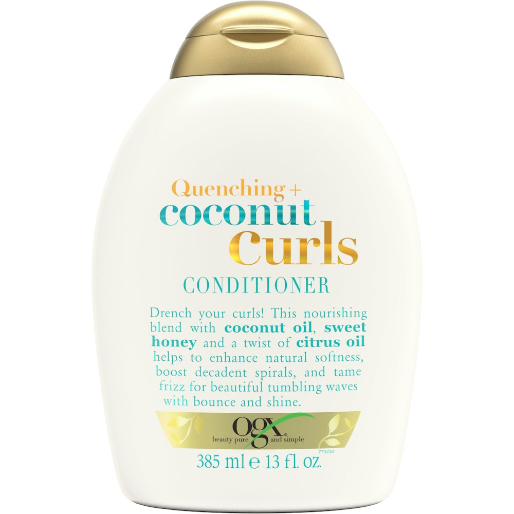 OGX Quenching + Coconut Curls conditioner in 13 oz bottle, featuring hydrating coconut for soft, defined curls.