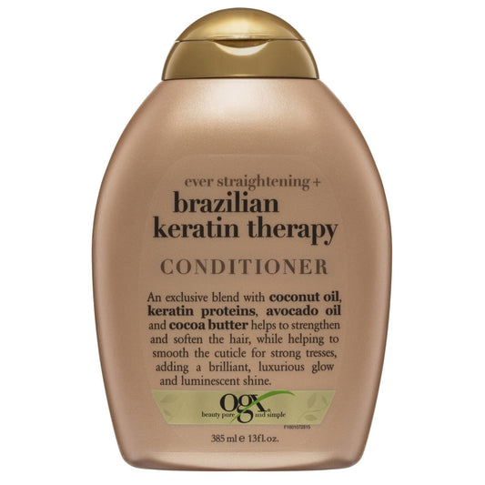 OGX Ever Straight Conditioner with Brazilian Keratin Therapy, 13 oz bottle, smooths and strengthens straightened hair.