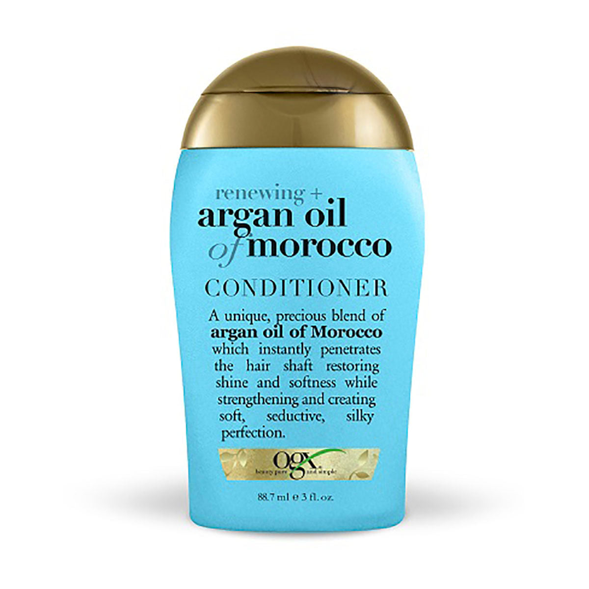 OGX Renewing Argan Oil of Morocco Conditioner in a 3 fl oz bottle, natural conditioner for nourishing and revitalizing hair.