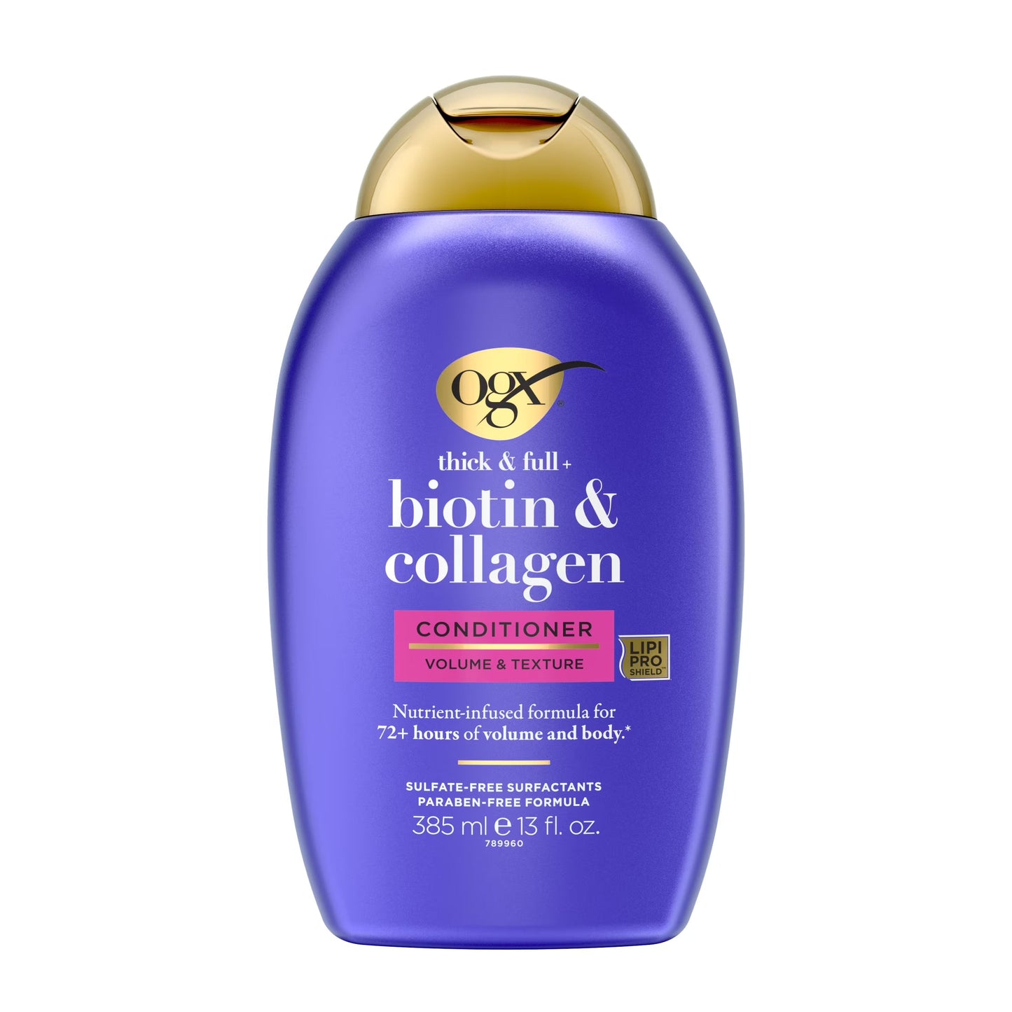 OGX Thick Full Biotin Collagen Conditioner in 13 oz bottle, nourishing conditioner with biotin and collagen for full, healthy hair.