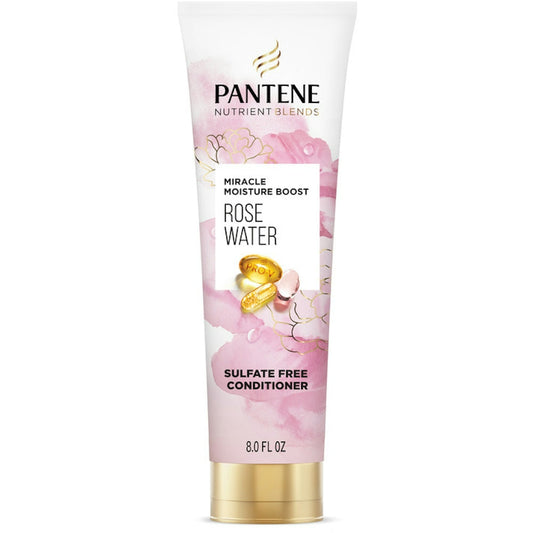 Pantene sulfate-free Rose Water Conditioner with Miracle Moisture Boost, 8 oz, in a white bottle with a rose design.