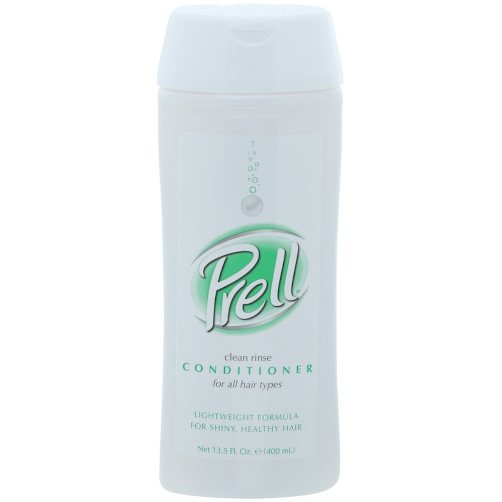 Prell Er Clean Rinse conditioner in a 13.5 fl oz bottle, featuring a clear liquid and label with blue and white design.