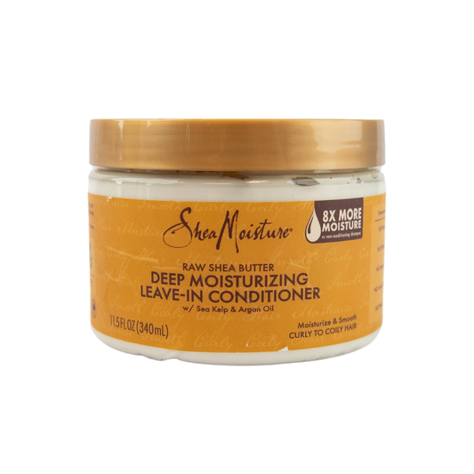 Shea Moisture Raw Butter Deep Moisturizing Leave-In Conditioner for curly to coily hair, creamy texture in a jar.