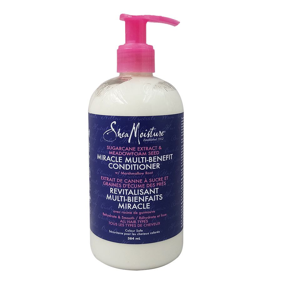 SheaMoisture Sugarcane Extract and Meadowfoam Seed Miracle Conditioner bottle, hydrating hair care product for soft, healthy hair.