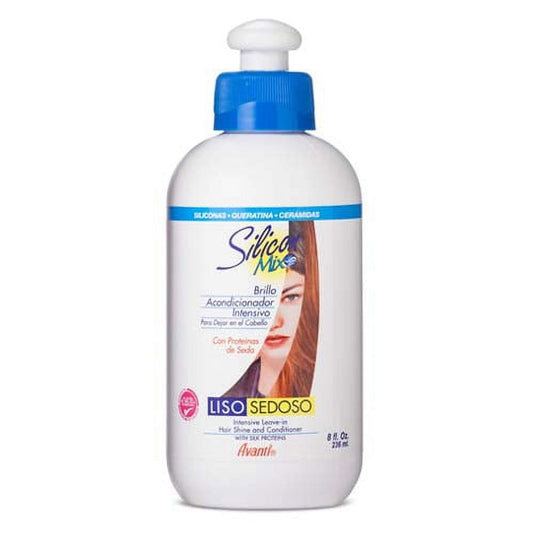 Silicon Mix Liso Sedoso Intensive Leave-in Conditioner in 8 oz bottle, smooths and softens hair with nourishing formula.