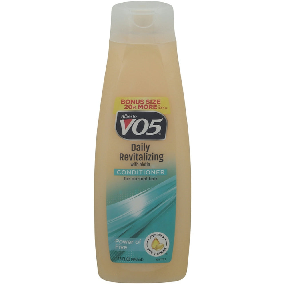 VO5 Er Daily Revitalizing Conditioner in bonus 15 Fl Oz size, nourishing hair with revitalizing formula in a white bottle.