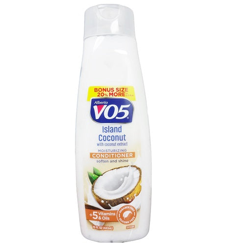 VO5 Island Coconut Moisturizing Conditioner in 15 oz bottle, featuring 5 essential vitamins for nourishing hair.