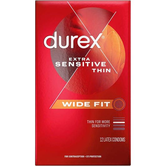 Durex Extra Sensitive Condoms Ultra Thin in a 12-pack, premium latex material, designed for enhanced sensitivity and comfort.