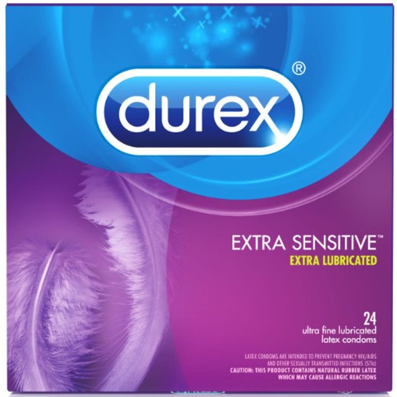 Durex Extra Sensitive Ultra Thin Premium Lubricated Latex Condoms, close-up of the condom packaging with branding and product details