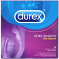 Durex Extra Sensitive Ultra Thin Premium Lubricated Latex Condoms, close-up of the condom packaging with branding and product details