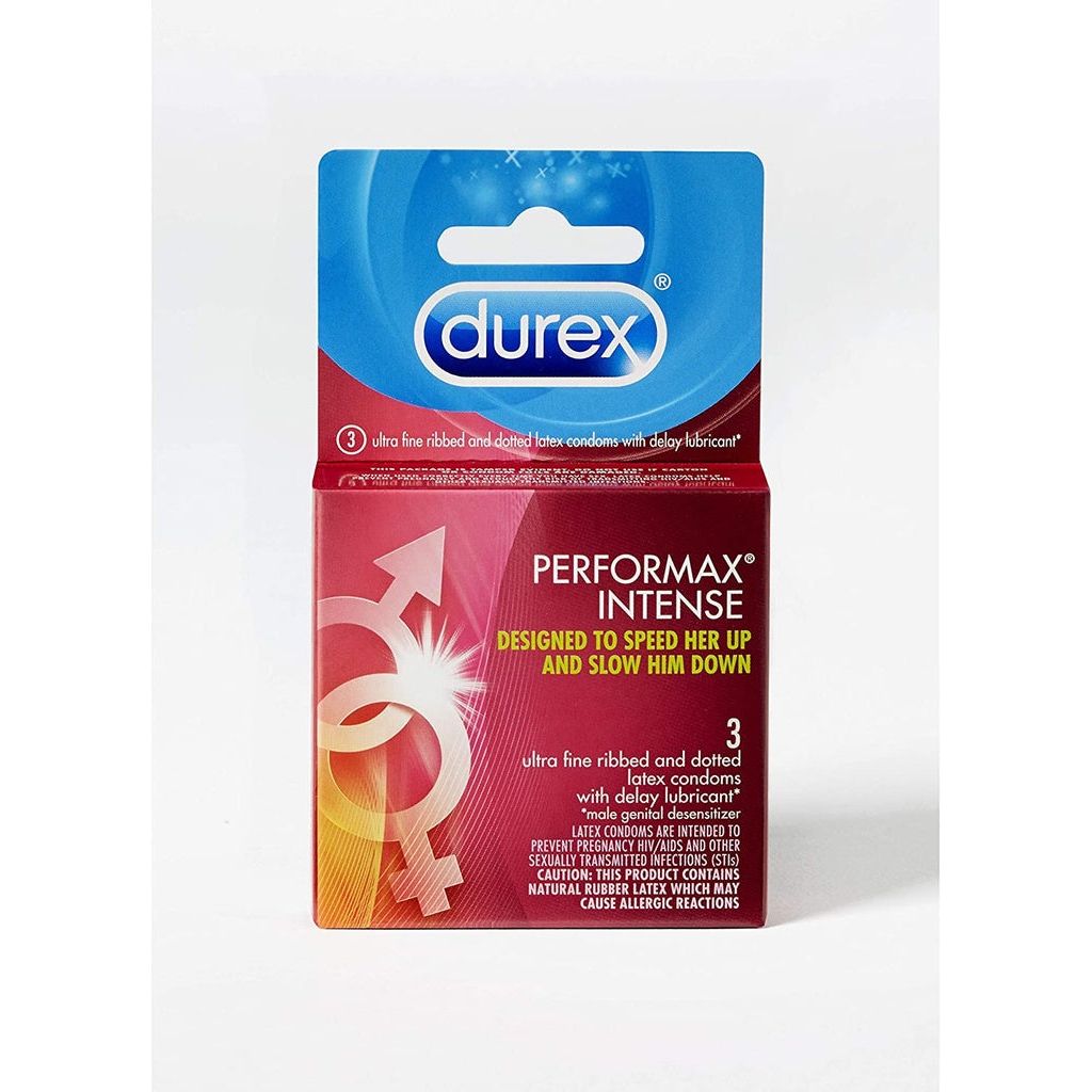 Durex Performax Intense lubricated ribbed and dotted condoms, premium latex protection, shown in packaging.