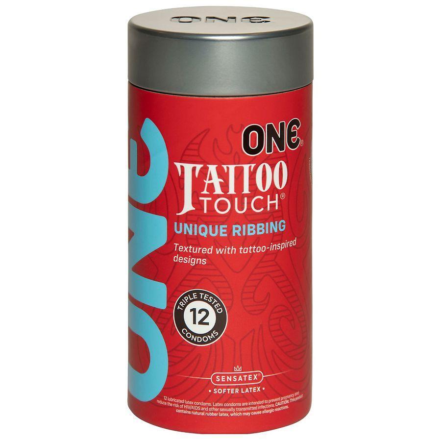 Pack of 12 Pasteur Pharmacy One Touch Condoms Tattoo flavor, featuring colorful tattoo design packaging.
