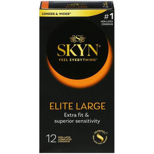 Skyn condoms from Pasteur Pharmacy, non-latex lubricated elite large-sized condoms, shown in package.