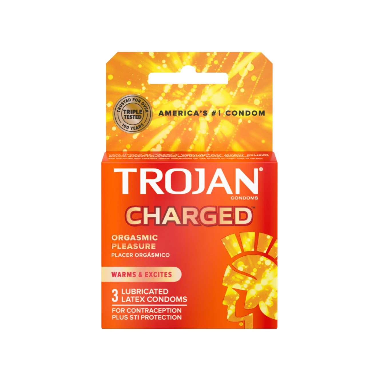 Trojan Charged Intensified Lubricant Condoms by Pasteur Pharmacy, showing packaging and condom design on a white background.