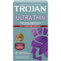 Trojan Sensitivity Ultra Thin condoms with spermicidal lubricant, 4 packs of 12, displayed in a box with product details.