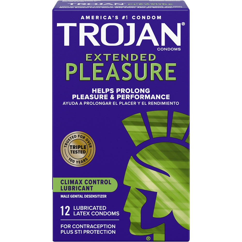 Trojan latex condoms with lubrication for extended pleasure, shown in packaging of 4 packs of 12 condoms each.