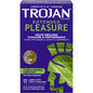 Trojan latex condoms with lubrication for extended pleasure, shown in packaging of 4 packs of 12 condoms each.