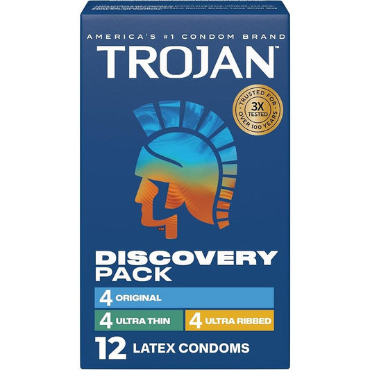 Trojan Discovery Pack 12 lubricated latex condoms, displayed in a clear package with product branding.