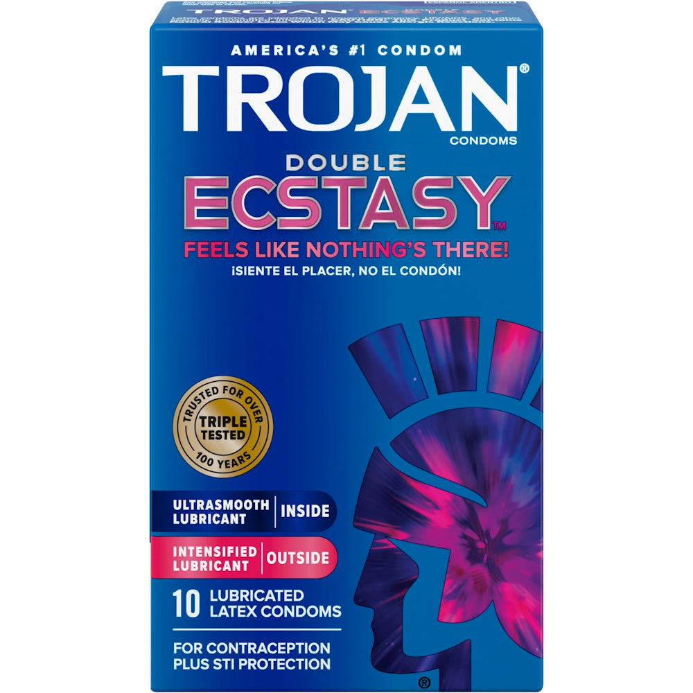Trojan Double Ecstasy lubricated condoms in a 10-count pack, featuring a textured design for enhanced pleasure.