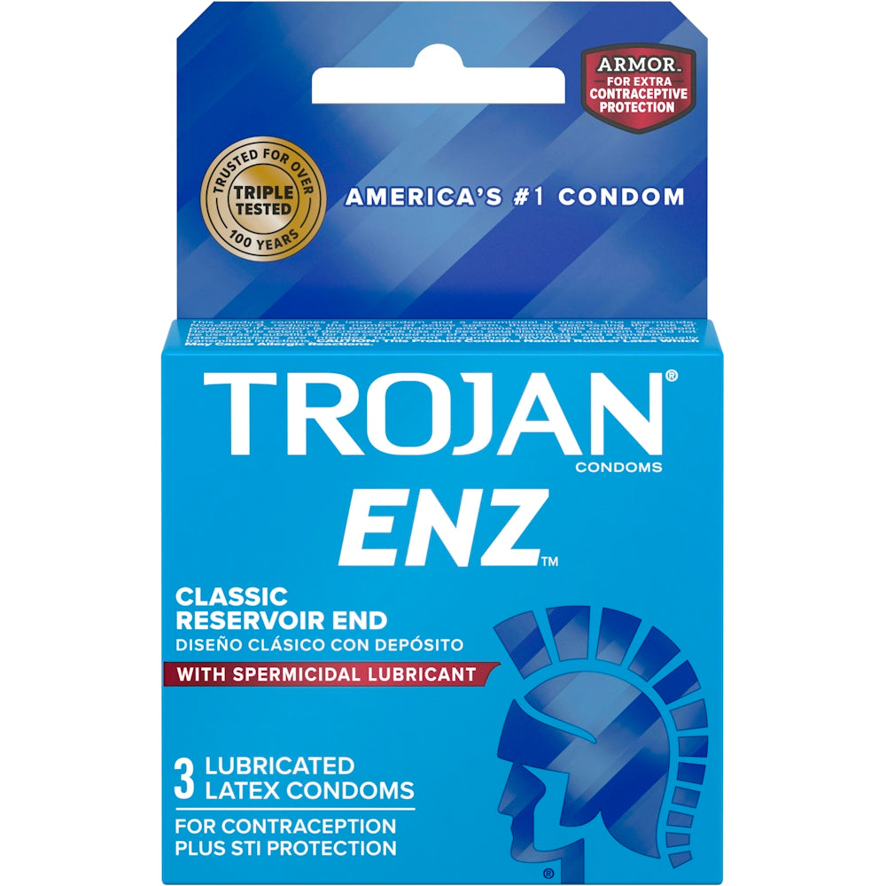 Trojan Enz condoms with spermicidal lubricant, latex material, displayed in a package for sexual protection and contraception.